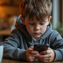 A child on a mobile phone in a cafe illustrates the disadvantages of internet use