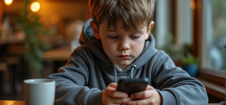 A child on a mobile phone in a cafe illustrates the disadvantages of internet use