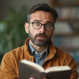 A concerned man holding an open book and looking at the camera