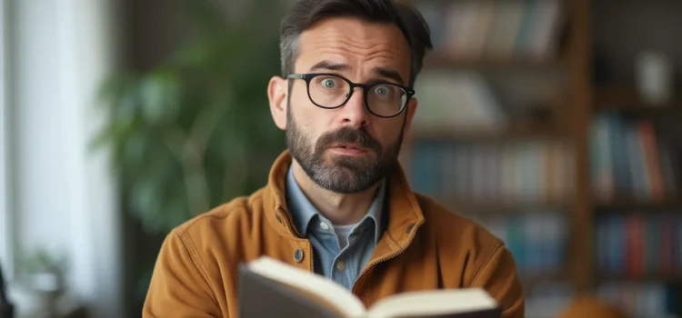 A concerned man holding an open book and looking at the camera