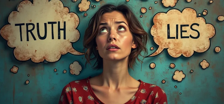 A confused woman surrounded by "truth" and "lies" illustrates myths about women's sexuality