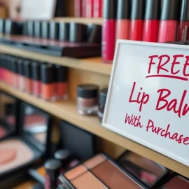 A cosmetics sales display with a sign that says "Free Lip Balm With Purchase" illustrates product bonuses