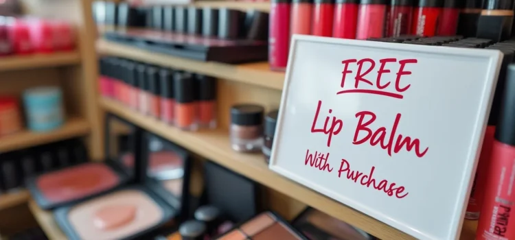 A cosmetics sales display with a sign that says "Free Lip Balm With Purchase" illustrates product bonuses