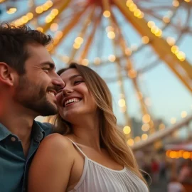 A smiling couple at an amusement park with a ferris wheel in the background illustrates how to connect with your partner