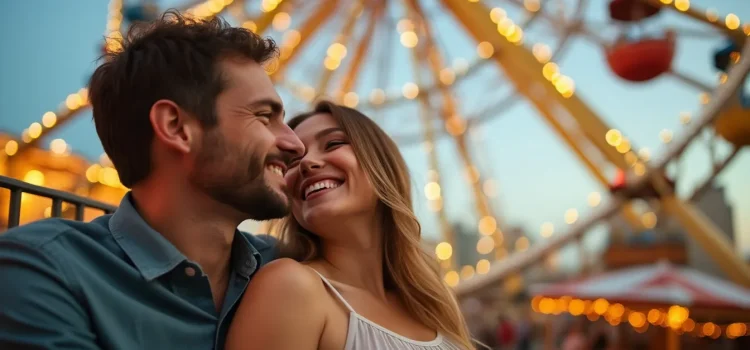 A smiling couple at an amusement park with a ferris wheel in the background illustrates how to connect with your partner