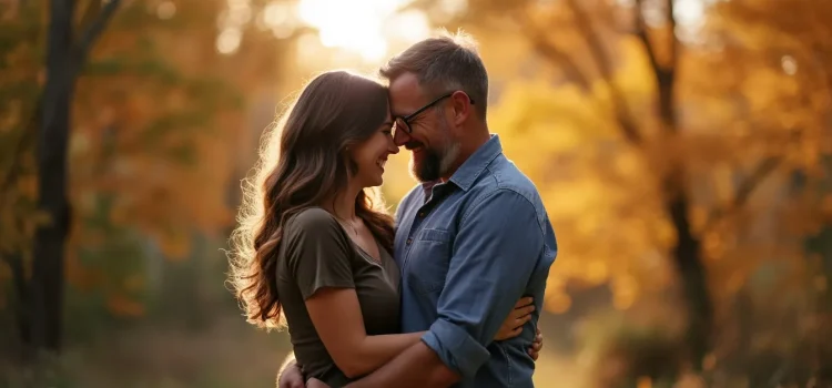 A loving couple embracing outside in autumn illustrate how to show physical affection