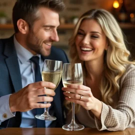 A wealthy couple clinking champagne glasses together in a toast illustrates how to live a rich lifestyle