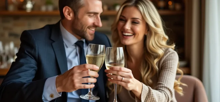 A wealthy couple clinking champagne glasses together in a toast illustrates how to live a rich lifestyle