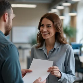 A man handing a piece of paper to a woman in an office illustrates how to be valuable at work