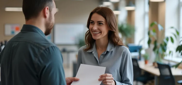 A man handing a piece of paper to a woman in an office illustrates how to be valuable at work