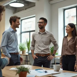 Five coworkers chatting in an open workspace employ various methods of persuasion