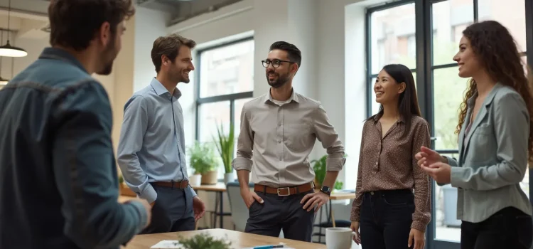 Five coworkers chatting in an open workspace employ various methods of persuasion