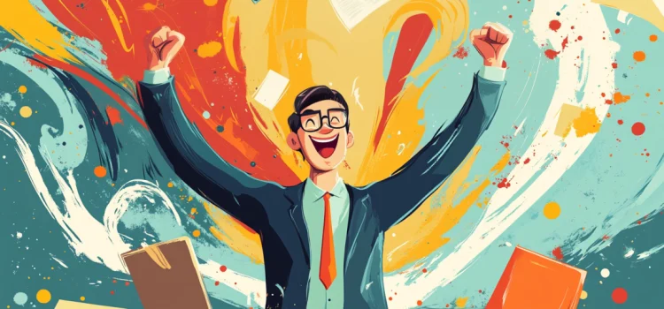 A manager embracing creative leadership by cheering at his desk with colors splashing behind him