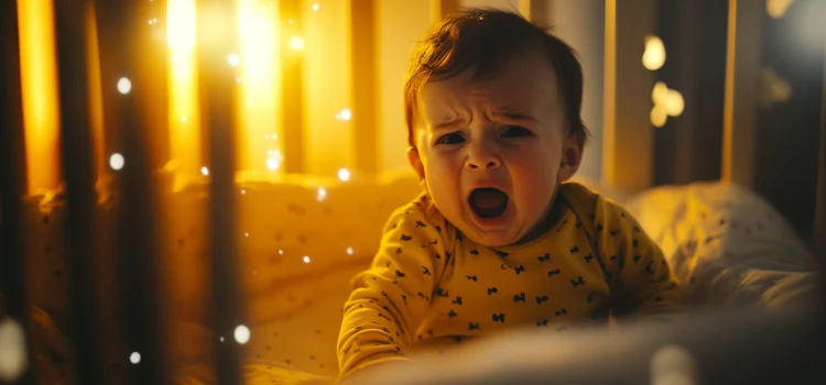 A baby in tears in their crib, as part of the gentle cry it out method