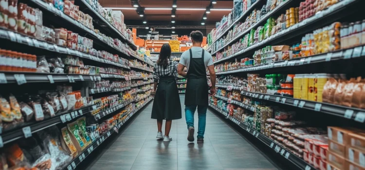 An employee using great customer service tips by walking with a customer through an aisle of a grocery store