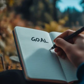 A person demonstrating how to define your goals by writing in a notebook with the word "GOAL" on the page