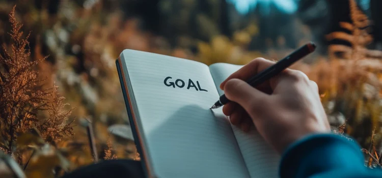 A person demonstrating how to define your goals by writing in a notebook with the word "GOAL" on the page