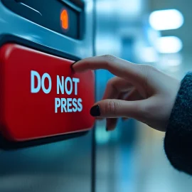 A woman pressing a reddit button that says "DO NOT PRESS," answering if adhd people are impulsive