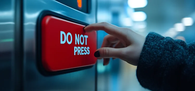 A woman pressing a reddit button that says "DO NOT PRESS," answering if adhd people are impulsive