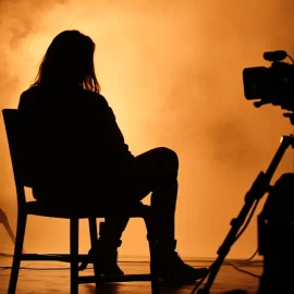 A silhouette of a woman being filmed for a documentary on a set