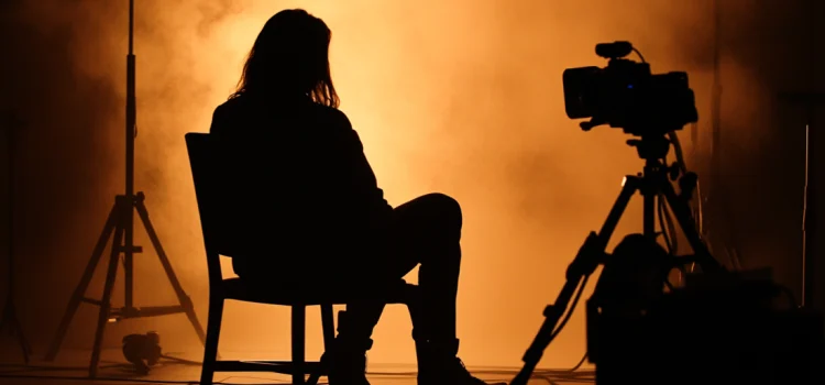 A silhouette of a woman being filmed for a documentary on a set