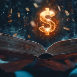 A dollar sign glowing hovering above of a book that a person is holding