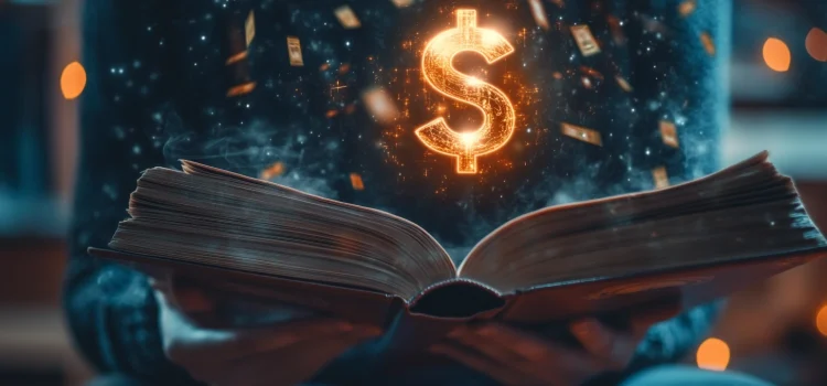 A dollar sign glowing hovering above of a book that a person is holding