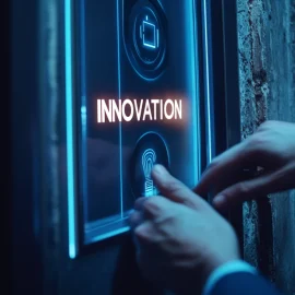 A person pressing a button with a lightbulb under the word "INNOVATION," figuring how to get innovative ideas