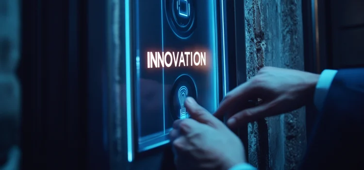 A person pressing a button with a lightbulb under the word "INNOVATION," figuring how to get innovative ideas