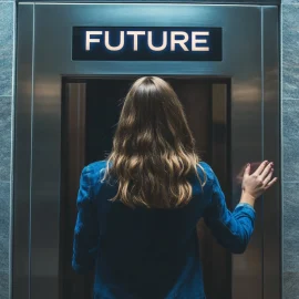 A woman who knows how to envision her future, stepping in front of an elevator with a sign that says "FUTURE"