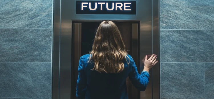 A woman who knows how to envision her future, stepping in front of an elevator with a sign that says "FUTURE"