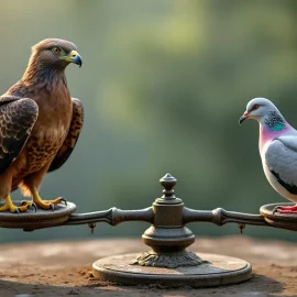 Balanced scales with a dove on the left and a hawk on the right illustrates cycles of war and peace