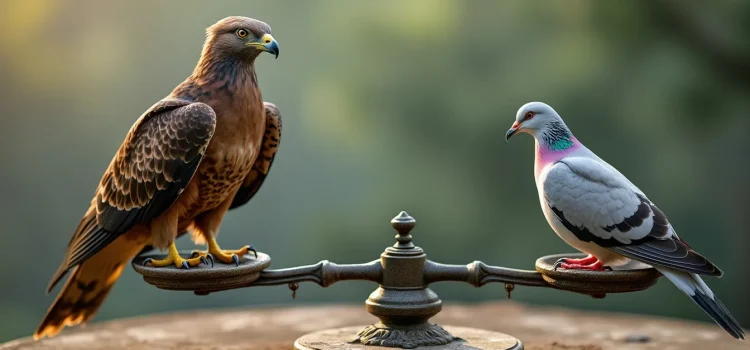 Balanced scales with a dove on the left and a hawk on the right illustrates cycles of war and peace