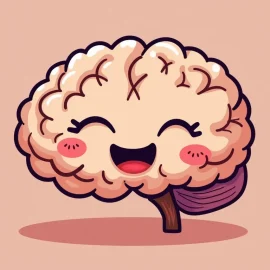 A cartoon of a cute and happy brain with closed eyes illustrates how meditation changes the brain