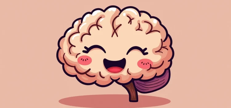 A cartoon of a cute and happy brain with closed eyes illustrates how meditation changes the brain