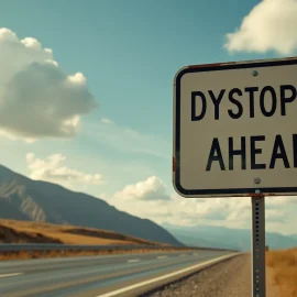 A sign on the side of the road in a mountainous area that says "DYSTOPIA AHEAD" illustrates dystopian futures