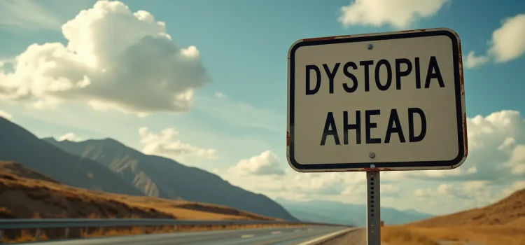 A sign on the side of the road in a mountainous area that says "DYSTOPIA AHEAD" illustrates dystopian futures