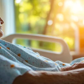 An elderly man in a hospital bed who is looking out a window at the sun