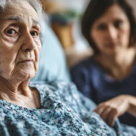 An elderly woman in a hospital bed looking at the camera. A younger woman sits next to the bed and holds her arm