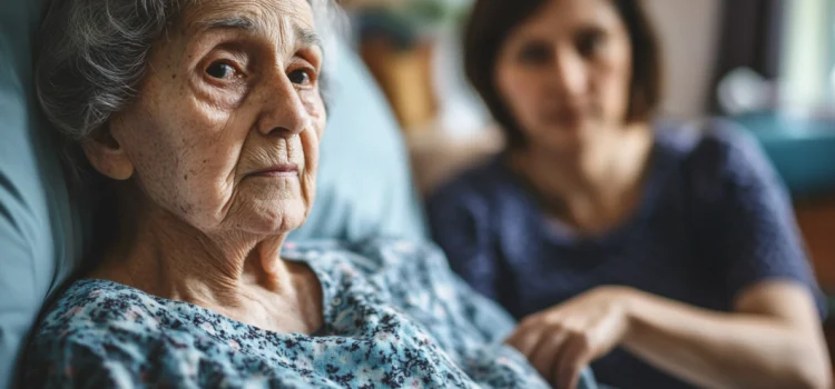 An elderly woman in a hospital bed looking at the camera. A younger woman sits next to the bed and holds her arm