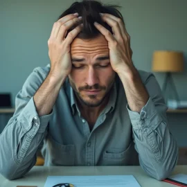 An exhausted man sitting at a desk in an office with his head in his hands illustrates that being an entrepreneur is hard