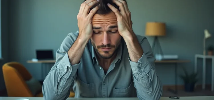 An exhausted man sitting at a desk in an office with his head in his hands illustrates that being an entrepreneur is hard