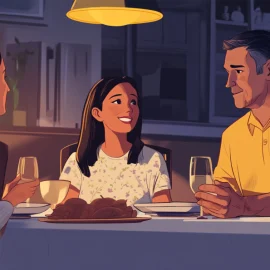 A cartoon image of a father, daughter, and mother at a dinner table. The father has a bland expression because he's hiding his emotions