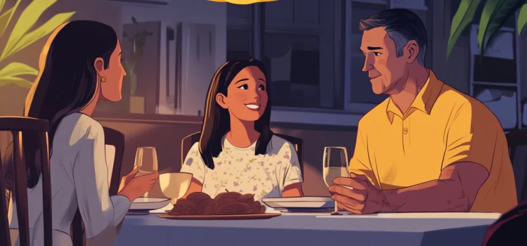 A cartoon image of a father, daughter, and mother at a dinner table. The father has a bland expression because he's hiding his emotions