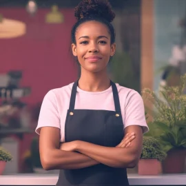 A woman proudly representing female leadership in the workplace in front of her store