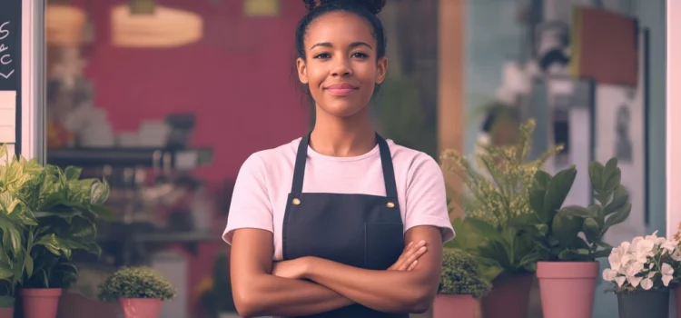 A woman proudly representing female leadership in the workplace in front of her store