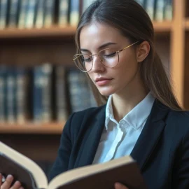 A female manager reading a book at a library