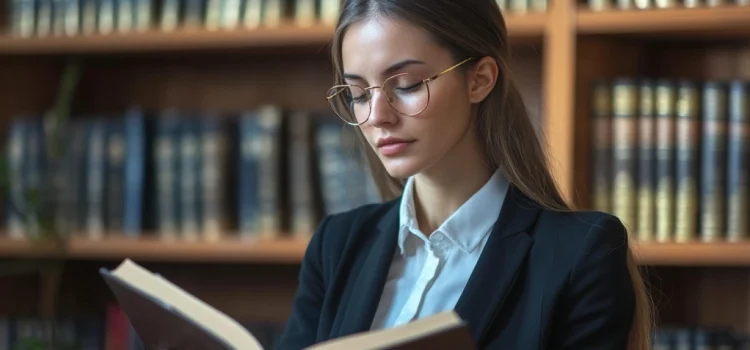 A female manager reading a book at a library