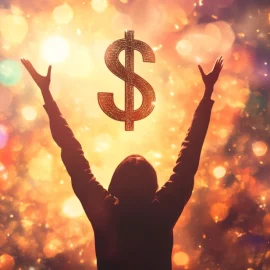 A person who has reached financial independence, raising their arms with a dollar sign and lights around them