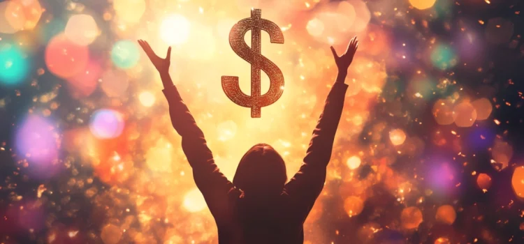 A person who has reached financial independence, raising their arms with a dollar sign and lights around them